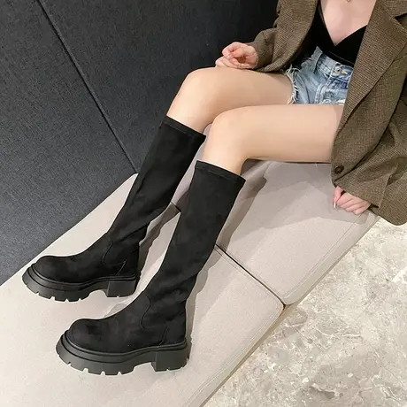 黑色长筒靴女2024年新款秋冬绒面弹力瘦瘦靴小个子不过膝厚底长靴图片