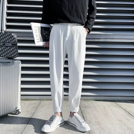 夏季空调裤男束脚休闲裤冰丝裤纯色百搭九分裤潮牌网红拉链小西裤商品大图