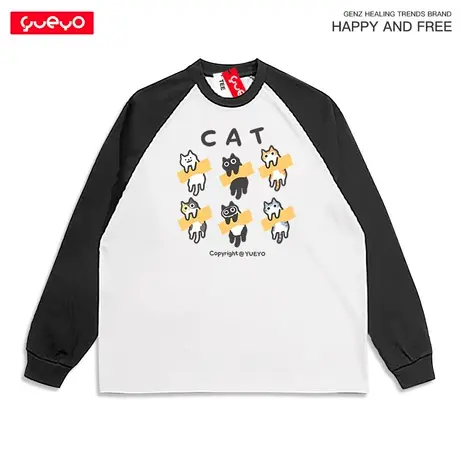 悦游 胶带猫 拼色长袖T恤男猫咪胶条贴贴秋冬重磅原创纯棉图片