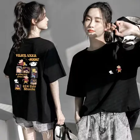 oversize痞帅高街头潮牌短袖T恤男女欧美嘻哈情侣款蜡笔小新印花图片