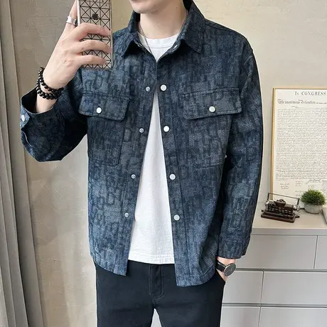 秋季男高级感时尚满印花牛仔外套高街复古美式潮牌小众工装夹克潮商品大图