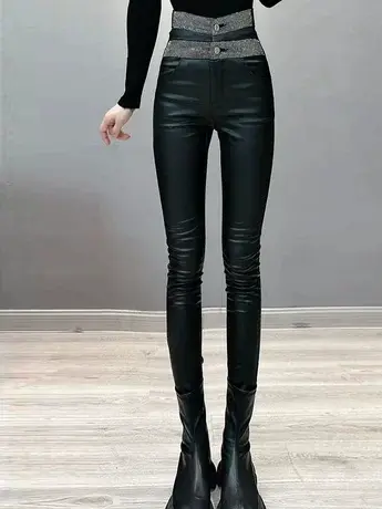 加绒薄款裤子女2023新款秋冬烫钻女裤高腰显瘦紧身小脚皮裤打底裤商品大图