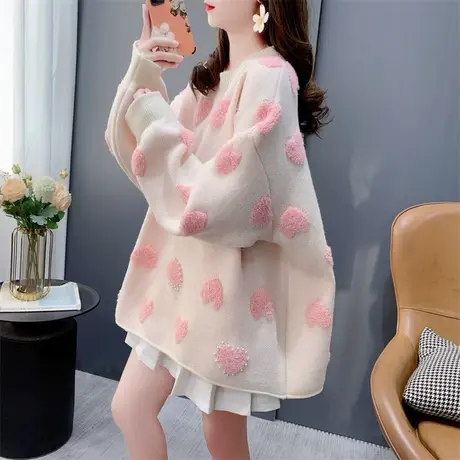 欧货大版宽松圆领毛衣女外穿2023年新款秋冬设计感爱心甜美针织衫商品大图