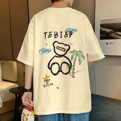 短袖T恤男夏季美式ins潮牌男装2023新款上衣潮流港风宽松纯棉体恤商品大图