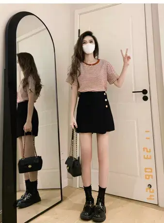 气质大码胖mm高腰显瘦遮肉小个子黑色半身裙女夏开叉A字裙裤短裙商品大图