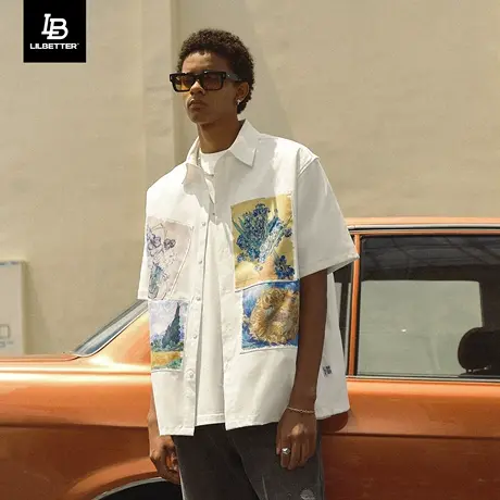 Lilbetter【张炯敏同款】梵高联名短袖衬衫男欧美寸衫复古衬衣夏图片