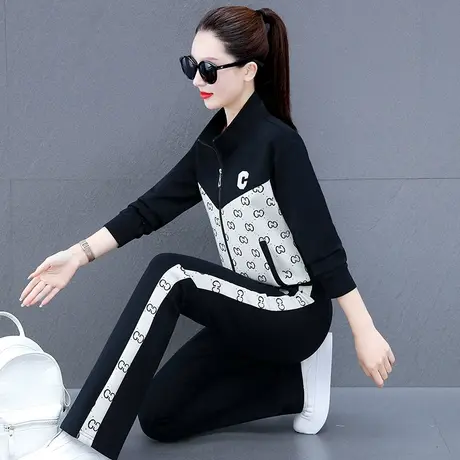 直筒裤休闲运动套装女2024年春装新款洋气中年妈妈立领卫衣两件套商品大图