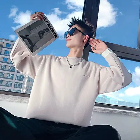 设计感圆领卫衣男春季潮牌ins宽松轻熟宽松个性拼接上衣长袖T恤潮商品大图