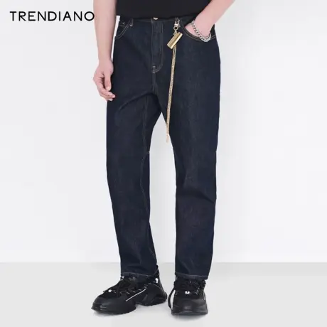 TRENDIANO潮牌官方男装时尚潮流链条配饰棉质九分深色水洗牛仔裤商品大图