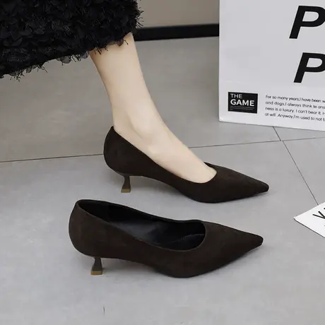 法式女鞋2024年春秋季新款绒面浅口单鞋配裙子细跟尖头玛丽珍鞋潮商品大图