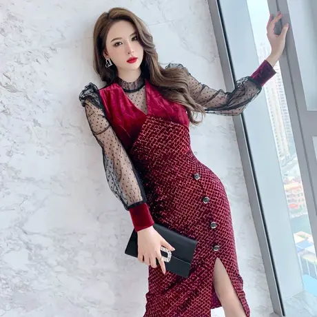 赫本风拼接网纱敬酒服酒红色平时可穿年会聚会气质晚礼服连衣裙图片