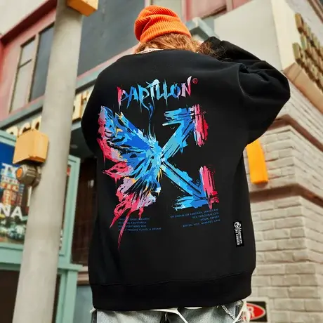国潮涂鸦蝴蝶卫衣男潮ins高街秋冬加绒嘻哈风小众潮牌设计感港风商品大图