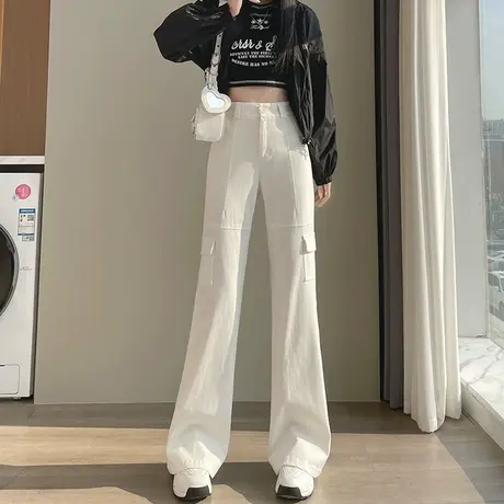 美式工装喇叭裤女2024春秋新款高腰显瘦休闲米白色直筒微喇长裤子商品大图