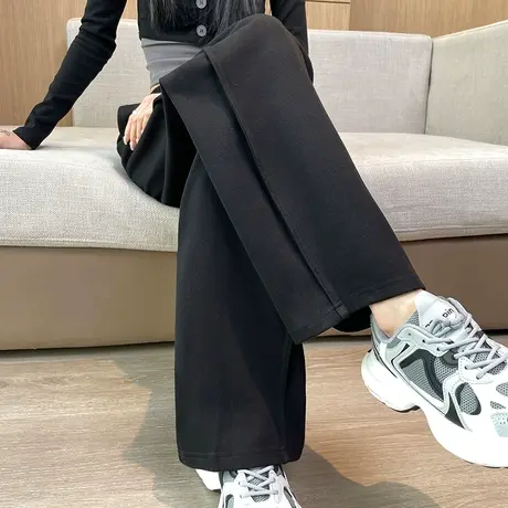 黑色窄版阔腿裤女春秋2024新款松紧腰宽松直筒高腰垂感显瘦休闲裤商品大图