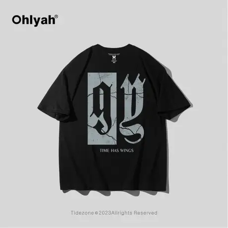 Ohlyah重磅美式黑色短袖t恤男潮牌字母logo印花宽松纯棉情侣打底图片
