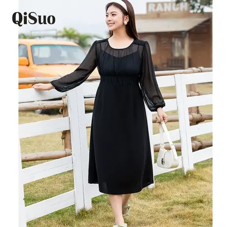 早秋大码女装连衣裙2024新款显瘦胖MM气质高级感假两件黑色雪纺裙图片