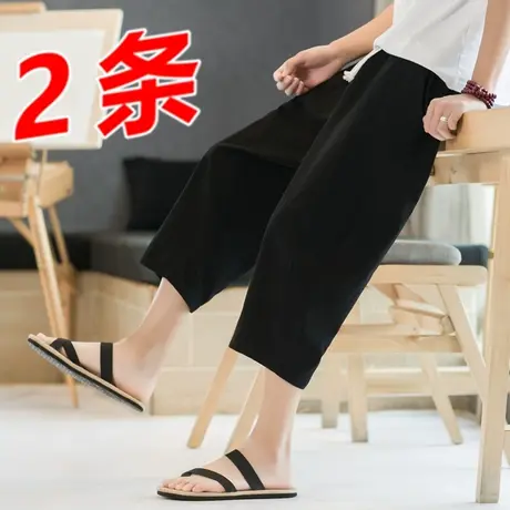 中国风亚麻裤男夏季薄款七分裤古风刺绣哈伦运动裤棉麻沙滩短裤子商品大图