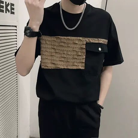 夏季T恤男潮流休闲褶皱肌理感圆领宽松上衣网红男装撞色T恤半截袖商品大图