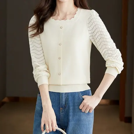 【3月4春新品8折】法式镂空蕾丝方领针织衫拼接显瘦长袖套头上衣图片