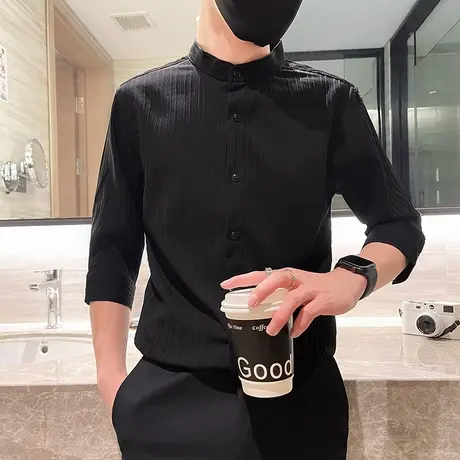 纯色肌理感七分袖男士衬衫夏季条纹轻熟韩版修身薄款潮牌半袖衬衣图片