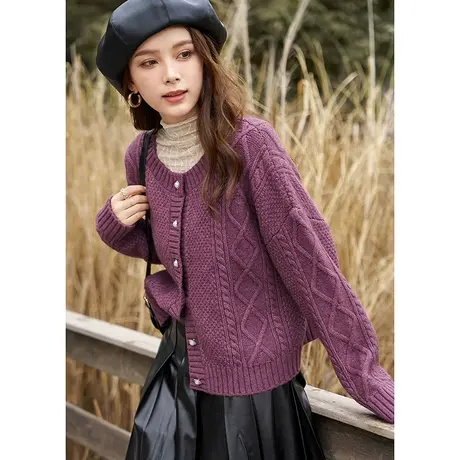 23秋冬新款短款圆领绞花针织外套女商品大图