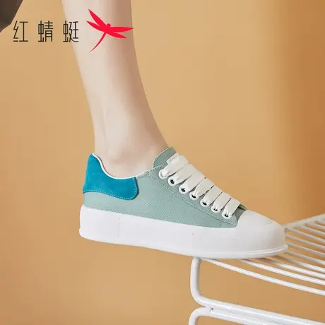 红蜻蜓小白鞋2023春夏季百搭时尚圆头平底显脚小日系系带帆布鞋子商品大图
