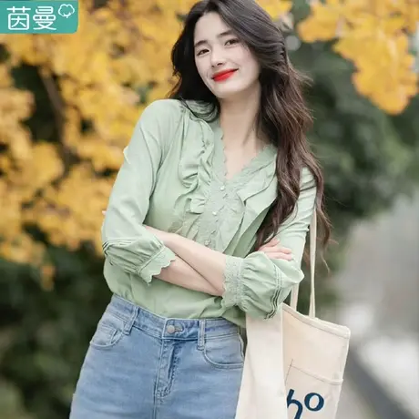 茵曼官方旗舰店法式长袖v领白衬衫女2024春装新款灯笼袖衬衣上衣商品大图