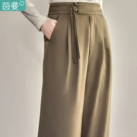 茵曼新中式盘扣阔腿裤女2024年春季国风垂感高腰显瘦直筒长裤子图片