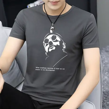 莫代尔男士短袖t恤圆领上衣服夏季冰丝速干凉感半袖潮牌印花体恤商品大图