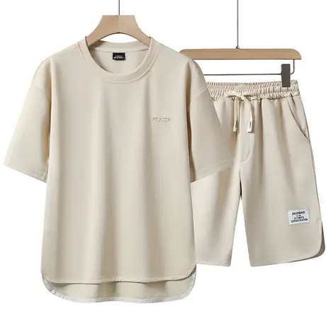韩版短袖t恤男士休闲运动纯色套装夏季潮流冰丝短裤一套搭配衣服商品大图