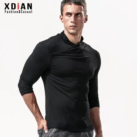 堆堆领长袖T恤男士秋冬季V领紧身修身复古小半高领立领打底衫潮流图片
