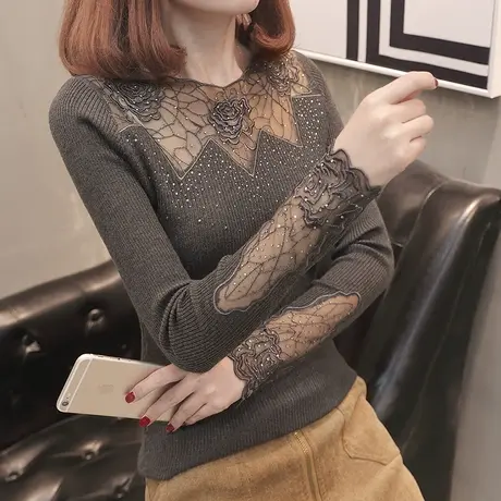 蕾丝针织打底衫韩版潮修身短款内搭针织衫毛衣女秋冬2023新款上衣商品大图