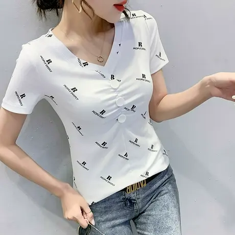 时尚印花纯棉T恤女短袖夏装2023设计感洋气上衣显瘦半袖V领小衫潮图片