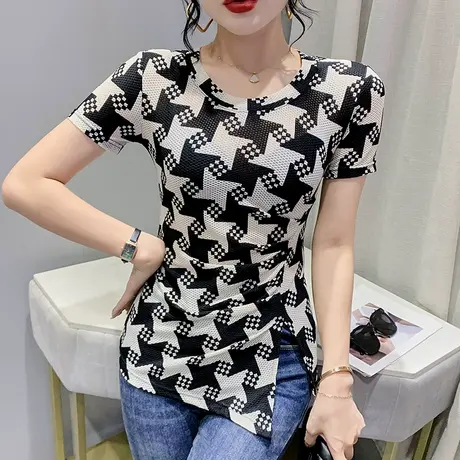 千鸟格不规则T恤女短袖性感网纱小衫下摆开叉上衣设计感女小众ins商品大图