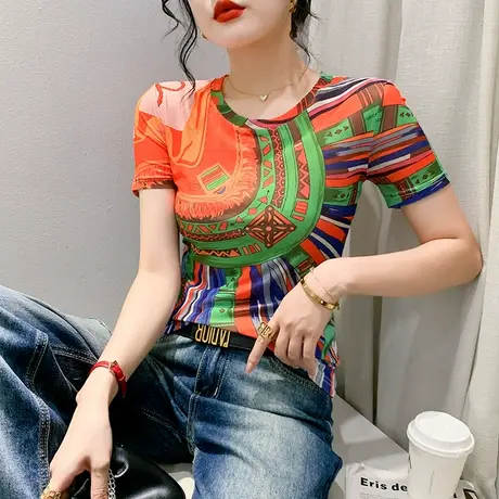 欧货漂亮印花T恤女短袖2023夏天新款气质网纱上衣时尚圆领小衫ins商品大图