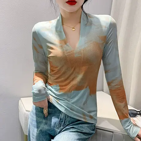 晕染网纱打底衫女长袖2023秋季新款性感V领修身上衣气质别致T恤潮商品大图