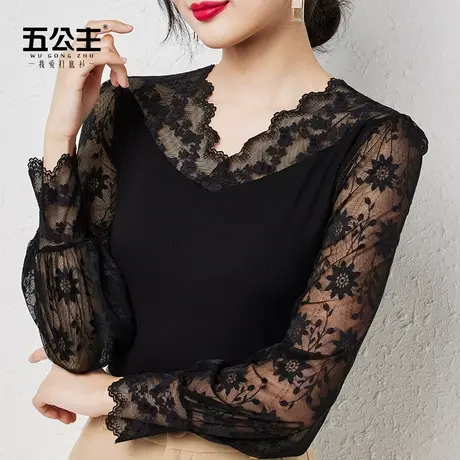 五公主V领蕾丝打底衫新款春秋黑色小衫妈妈洋气女低领内搭上衣薄图片