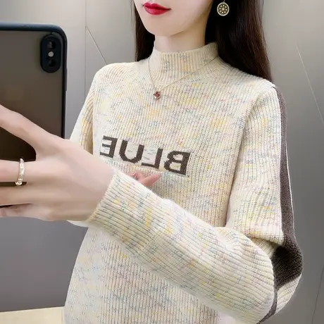 秋冬高领毛衣女打底衫2023新款加厚拼色字母洋气女士针织衫内搭商品大图