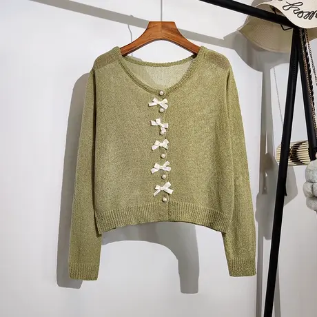 镂空针织开衫女春夏新款吊带裙子外搭圆领蝴蝶结温柔百搭长袖上衣图片