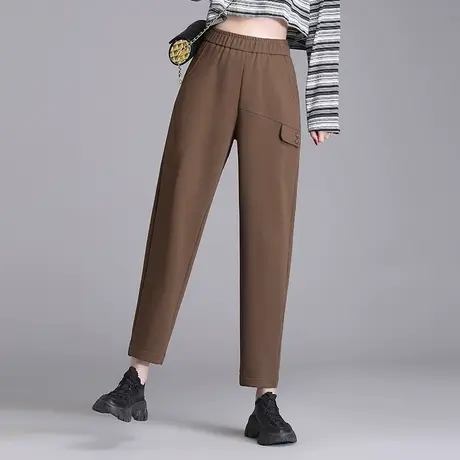 咖色休闲裤女2023春秋新款松紧腰哈伦裤子宽松大码时尚九分萝卜裤图片
