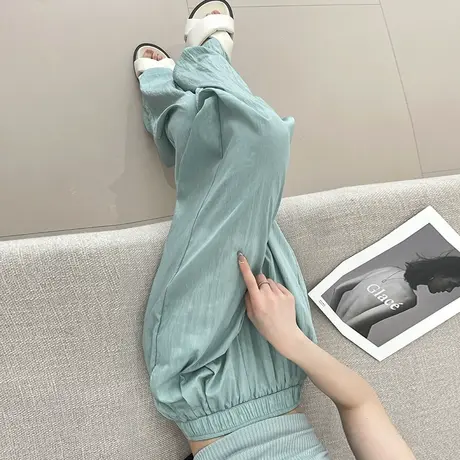 蓝色阔腿裤女春秋新款高腰垂感宽松显瘦小众褶皱棉麻休闲拖地裤潮商品大图