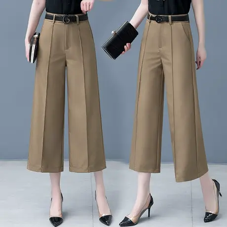 卡其色阔腿裤女夏季薄款八分直筒裤2023年新款宽松休闲裤时尚百搭图片
