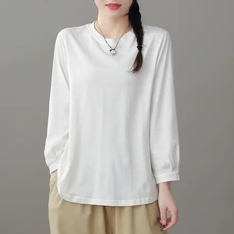 dza纯棉白色宽松打底衫女士2023春季新款圆领长袖休闲t恤百搭上衣商品大图