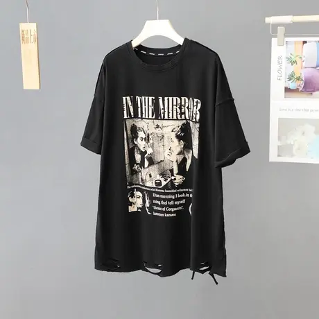 夏季纯棉正肩黑色t恤女宽松韩版中长款设计感小众短袖白色上衣潮商品大图