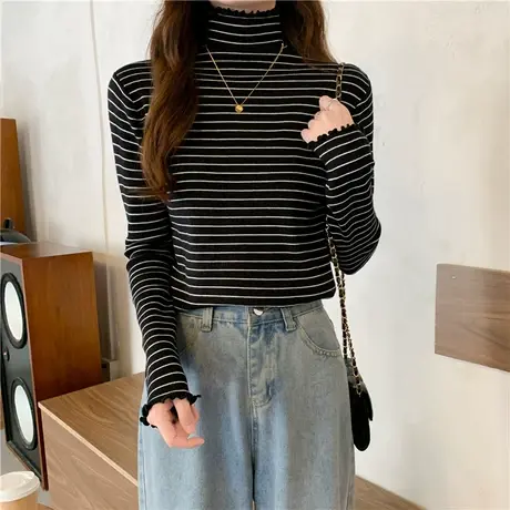 条纹半高领德绒打底衫长袖t恤女2021秋冬保暖内搭加绒加厚上衣服商品大图