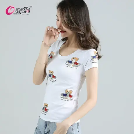歌倍尚欧洲站短袖t恤女2022夏季新款小熊烫钻时尚修身纯棉上衣潮图片