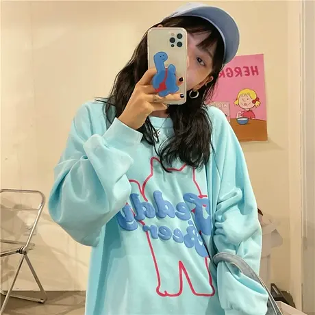 红续圆领卫衣女春秋薄款韩版宽松复古卡通印花套头慵懒风长袖上衣图片