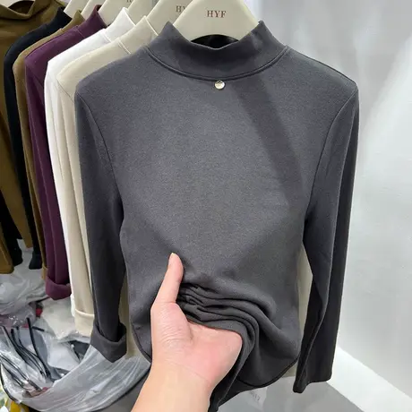 欧货钉珠加磨毛薄绒长袖T恤女2022秋冬新款洋气内搭打底衫上衣潮商品大图