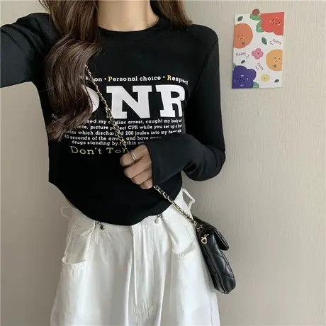 美式复古长袖T恤女初秋2022新款小个子短款上衣修身打底小衫潮ins商品大图