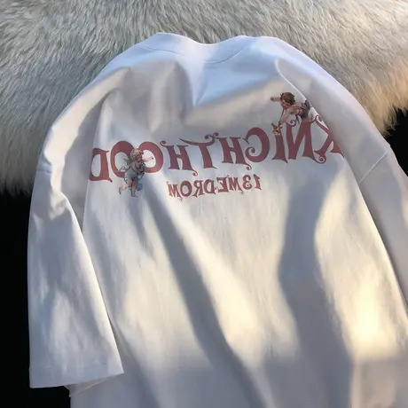 美式复古设计感玫瑰t恤女小众大码oversize宽松情侣上衣ins潮短袖图片